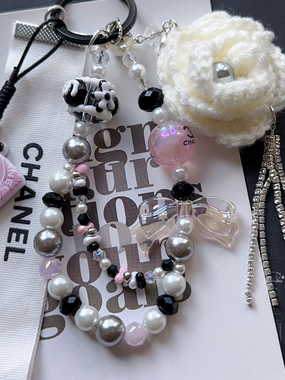 CC Ribbon with Unbranded Pink & White Beaded Keychain Charm & Crochet camellia - Picture 3 of 4